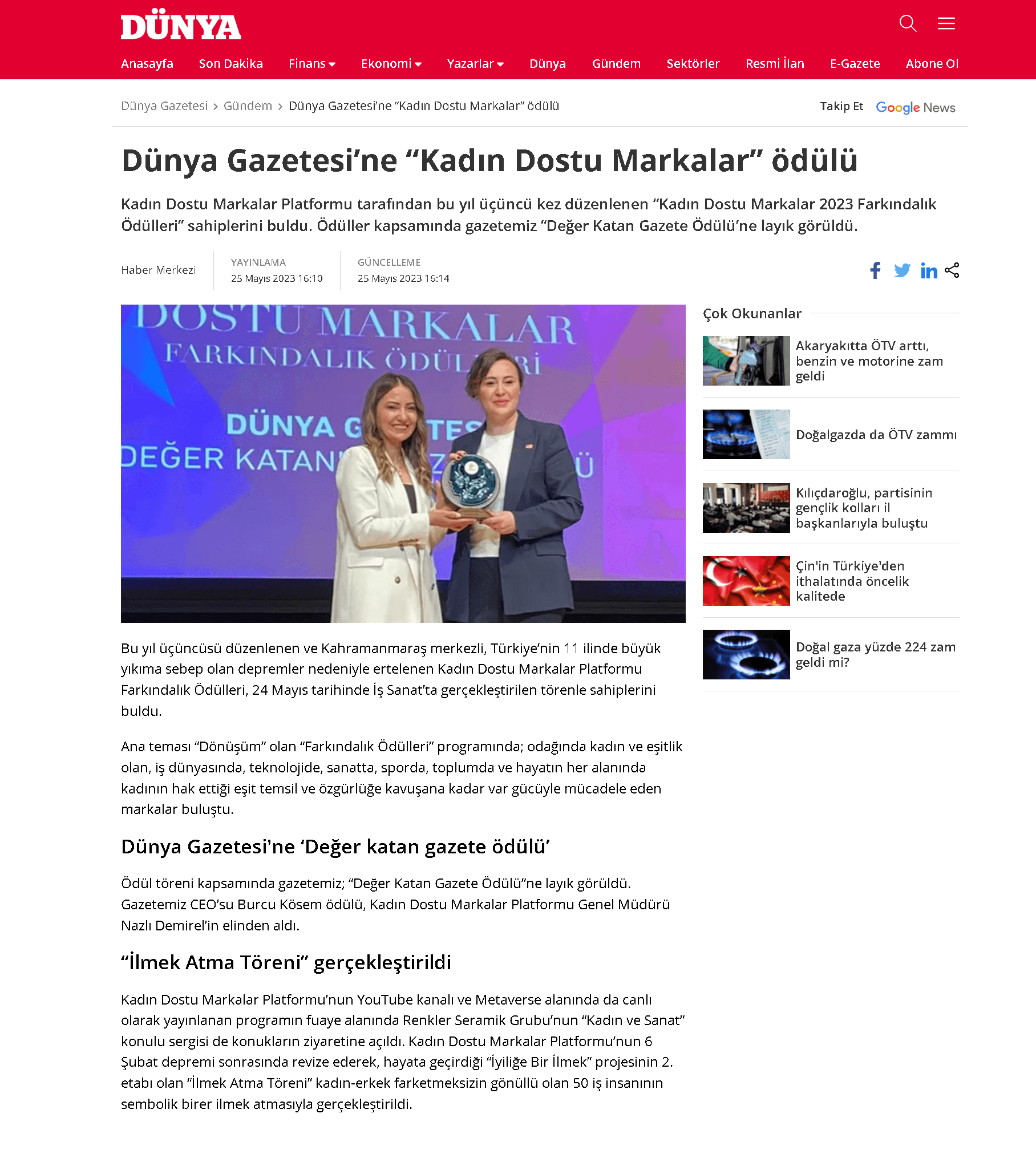 DÜNYA GAZETESİ'NE 'KADIN DOSTU MARKALAR' ÖDÜLÜ