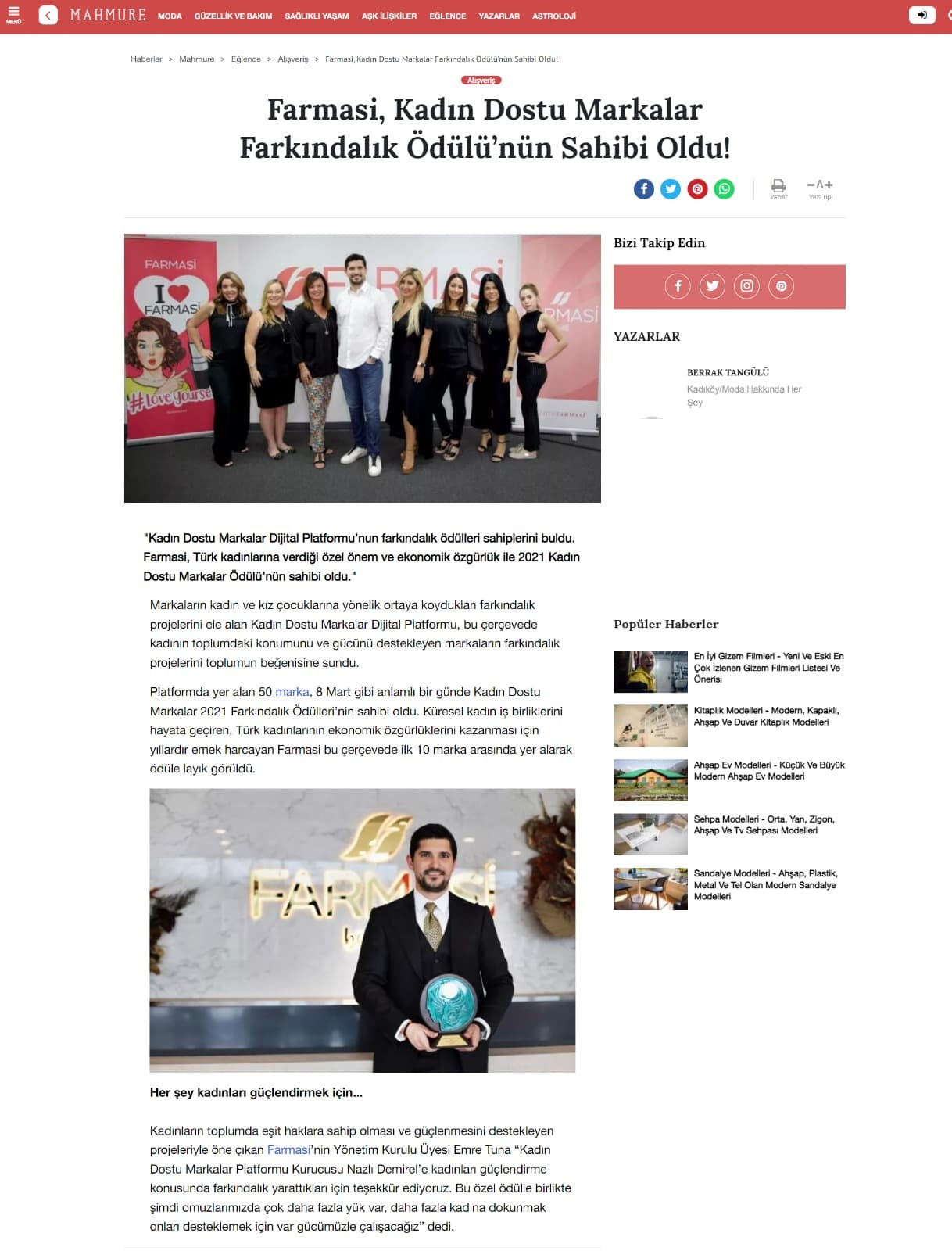 FARMASİ, KADIN DOSTU MARKALAR FARKINDALIK ÖDÜLÜ'NÜN SAHİBİ OLDU!